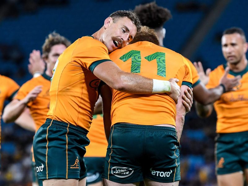 The Rugby Championship, Cbus Super Stadium, Queensland, Australia 2/10/2021
Australia vs Argentina
Australia's Nick White celebrates with try scorer Andrew Kellaway
Mandatory Credit ©INPHO/Photosport/Dan Peled