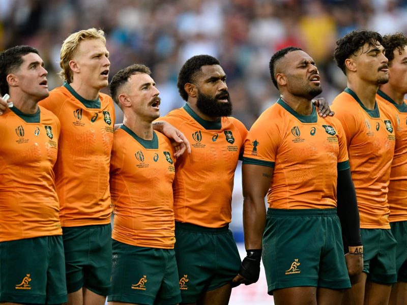 2023 Rugby World Cup Pool C, Stade Geoffroy Guichard, Saint-Etienne, France 17/9/2023
Australia vs Fiji
The Australia team stand for the national anthem 
Mandatory Credit ©INPHO/Photosport/Andrew Cornaga